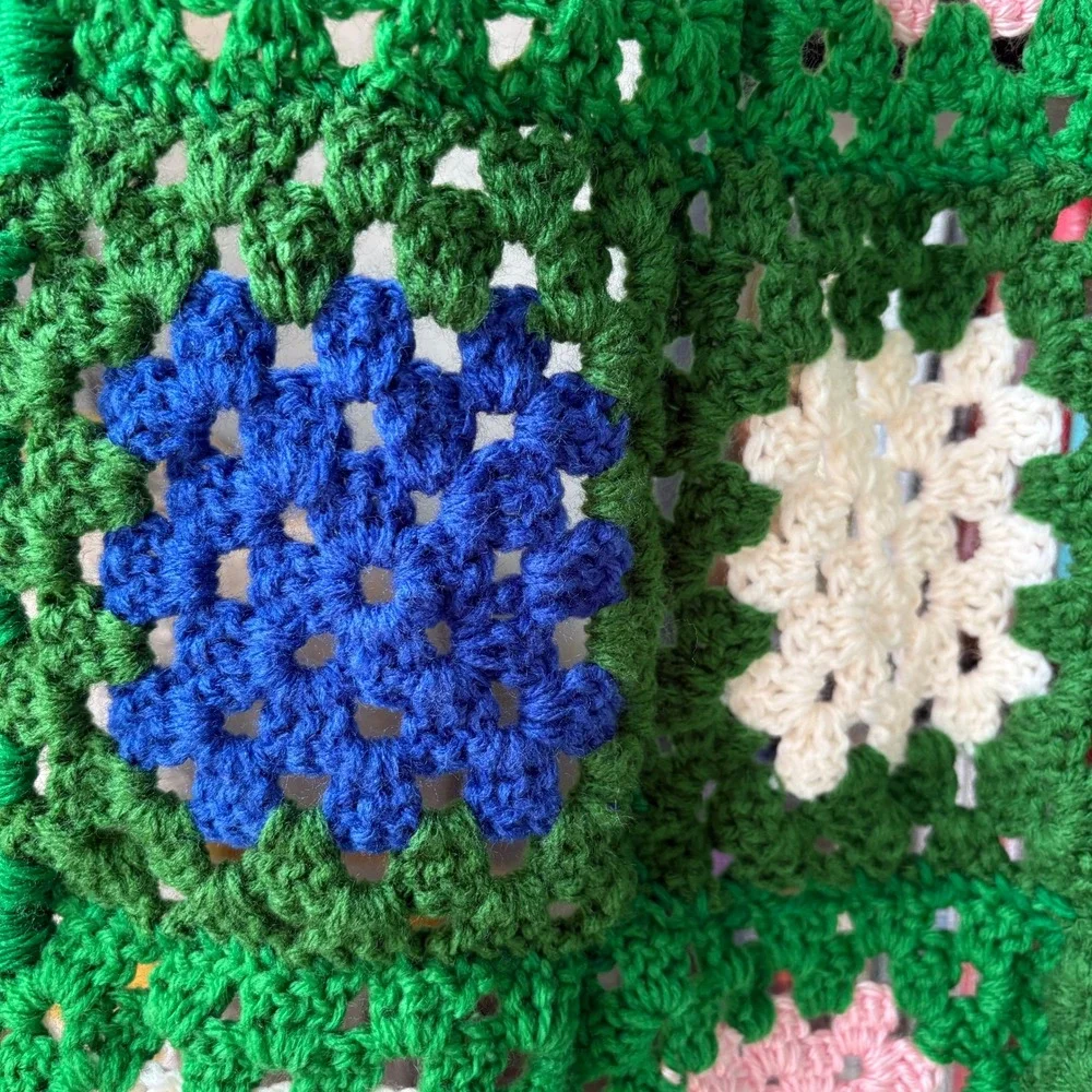 Handmade Crochet Granny Square Throw Blanket – Green‎ Floral Cottagecore